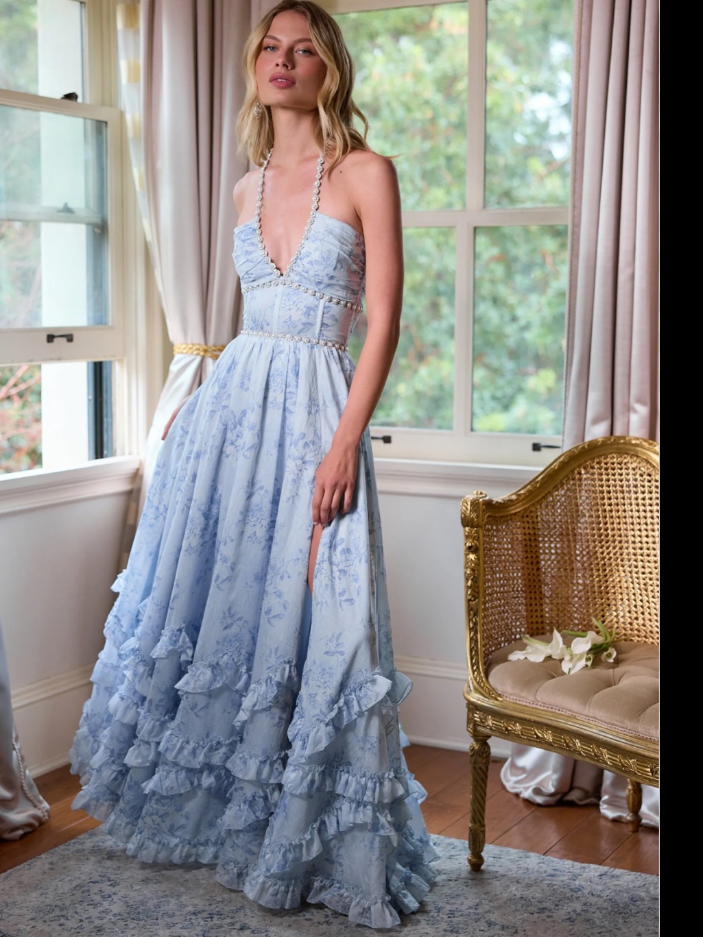 V. Chapman Light Blue Floral Halter Maxi Dress